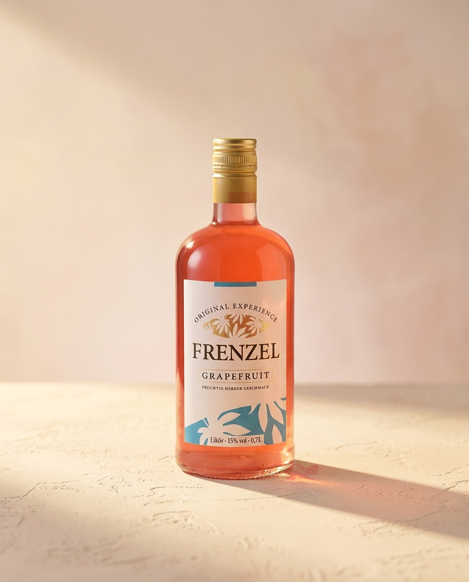 FRENZEL Grapefruit-Likör in der 0,7-Liter-Flasche vor sonnenbeschienener Putzwand