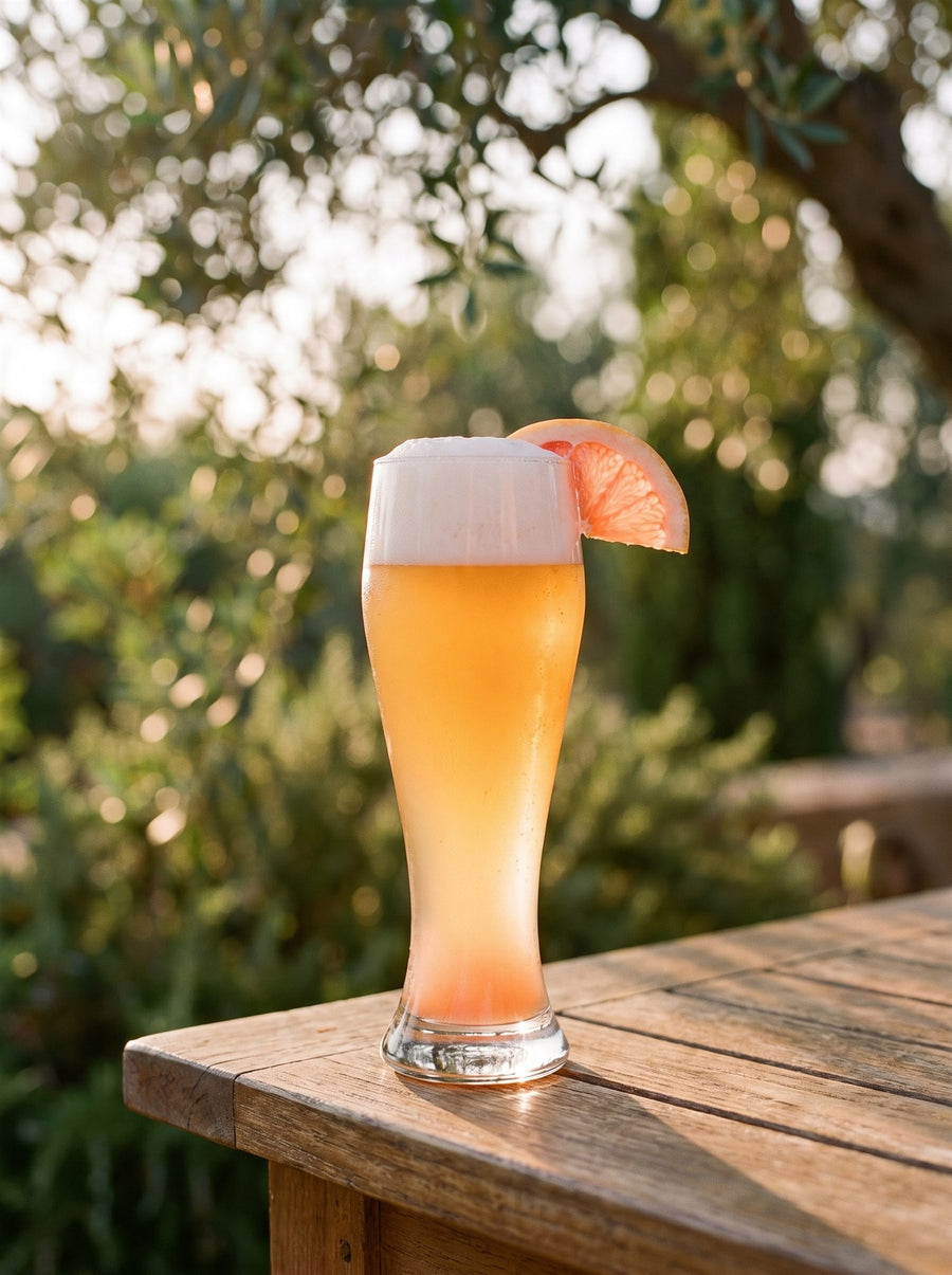 Bavarian Summer im Weizenglas mit Grapefruit am Gartentisch