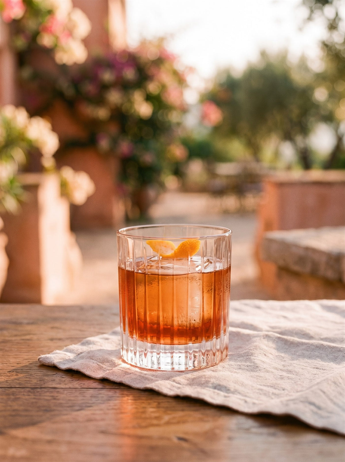 FRENZELGRONI im Tumbler auf einem großen Eiswürfel mit Orangenzeste