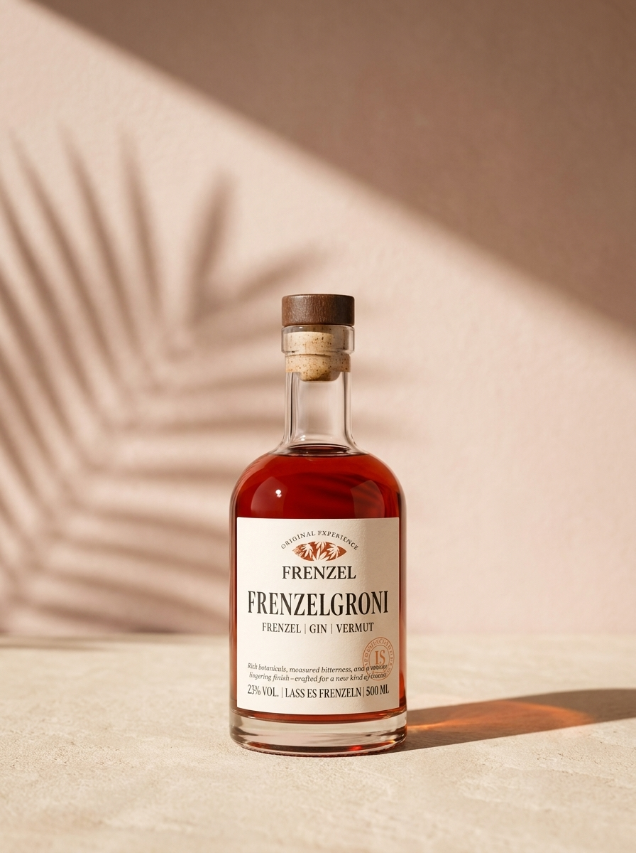 FRENZELGRONI, fertig gemixter Negroni mit Grapefruit in der 0,5-Liter-Flasche