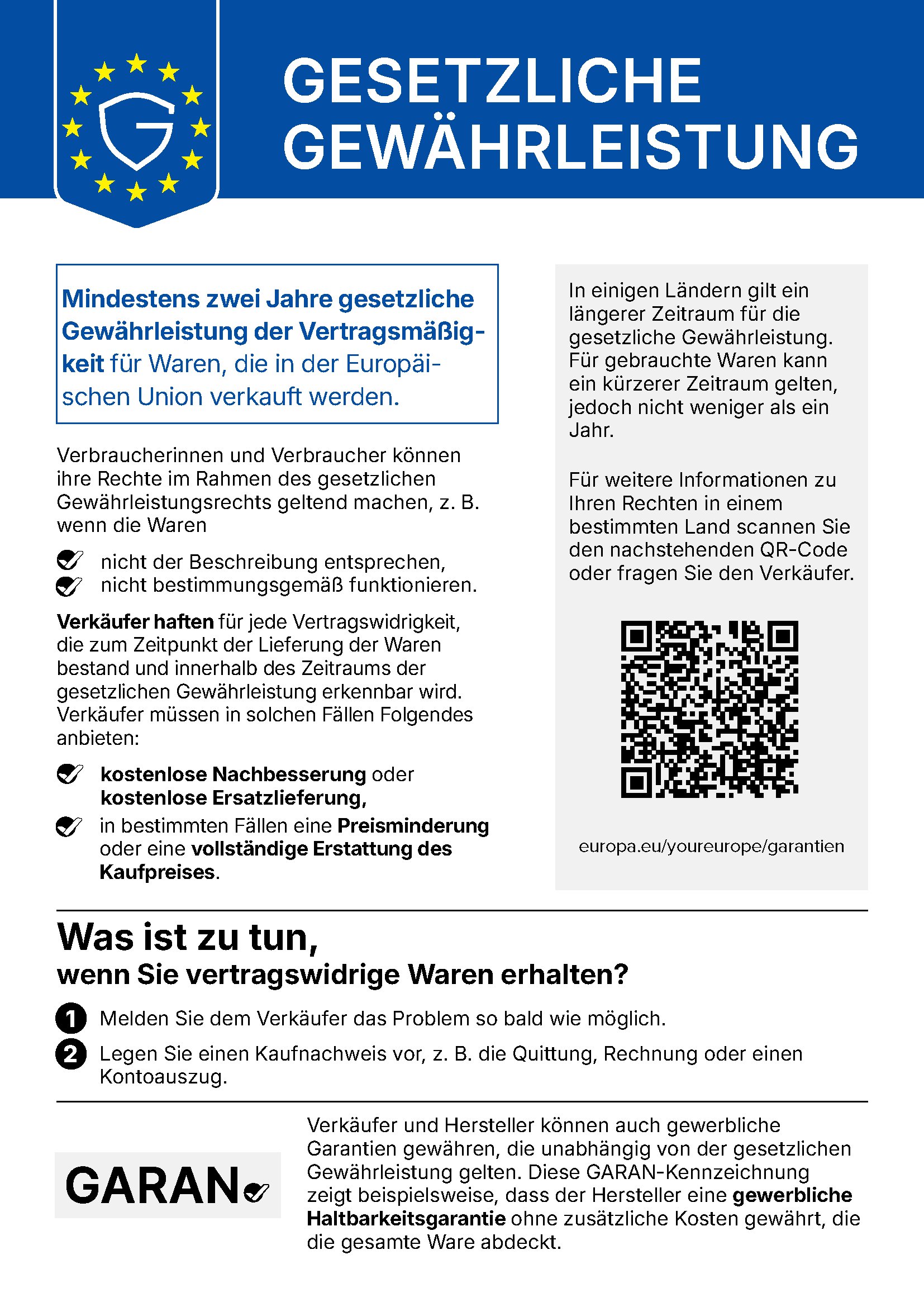 Gesetzliche Gewährleistung: harmonisierte EU-Mitteilung zu den Mängelrechten beim Warenkauf